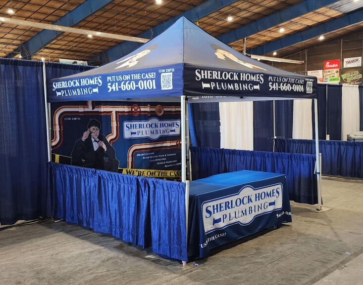 Trade Show Canopy, Table Throw, and Back Wall for Sherlock Homes Plumbing
